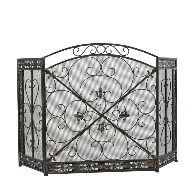 Fleur De Lis Living Traditional Panel Metal Fire Screen With Filigree